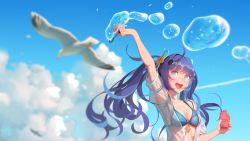 Rule 34 | ai-chan (playstation), arm up, bikini, bikini top only, bird, blue hair, bubble, blowing bubbles, cloud, d-pad, d-pad hair ornament, green eyes, hair ornament, happy, highres, laughing, looking to the side, original, purple hair, seagull, see-through, shirt, smile, solo, sony, swimsuit, twintails, vofan