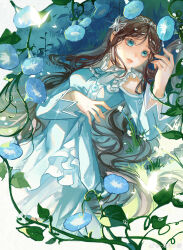 Rule 34 | 1girl, absurdres, arm up, bare shoulders, blue dress, blue eyes, bracelet, brown hair, bug, butterfly, closed mouth, douluo dalu, dress, glowing butterfly, grass, highres, insect, jewelry, kunkun kuakua kuku ka kaji, long hair, long sleeves, lying, ning rongrong (douluo dalu), on back, plant, second-party source, solo, tiara, turning head, upper body, vines
