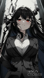 1girl alternate_costume asymmetrical_horns black_feathers black_hair black_jacket breasts collared_shirt commentary demon_horns dreadpunk dress_shirt english_commentary falling_feathers feathers flower highres holding holding_polearm holding_weapon hololive hololive_english horn_flower horns jacket large_breasts long_hair long_sleeves looking_at_viewer mole mole_under_eye monochrome nerissa_ravencroft parted_lips polearm red_eyes shirt signature smile solo spot_color uneven_horns upper_body virtual_youtuber weapon white_shirt