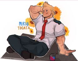 Rule 34 | 1boy, :p, arm behind head, bara, blonde hair, blue eyes, boku no hero academia, can, floral background, flower, full body, happy, highres, crossed legs, male focus, muscular, necktie, pants, scar, shirt, shoes, short hair, smile, solo, spiked hair, stormcallart, sunflower, togata mirio, tongue, tongue out