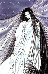 Rule 34 | 1girl, absurdly long hair, absurdres, black hair, clamp, colored skin, dress, gown, highres, japanese clothes, kimono, lipstick, long hair, looking at viewer, makeup, official art, princess, shirahime, shirahime sho, snow, solo, very long hair, white kimono, white skin, white theme, yuki onna