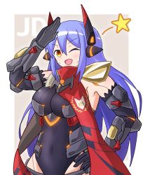Rule 34 | 1girl, android, blue hair, blush, breasts, covered navel, denoukuraimakku, elbow gloves, gloves, hair ornament, hand on own hip, headpiece, highres, large breasts, long hair, looking at viewer, nintendo, one eye closed, open mouth, orange eyes, poppi (xenoblade), poppi qtpi (xenoblade), purple hair, scarf, sideboob, smile, solo, standing, twintails, very long hair, xenoblade chronicles (series), xenoblade chronicles 2