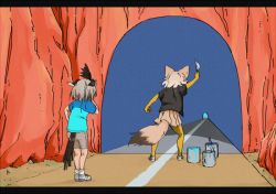 Rule 34 | 2girls, animal ears, bike shorts, bird tail, bird wings, blonde hair, blue shirt, commentary request, coyote (kemono friends), elbow gloves, gloves, greater roadrunner (kemono friends), grey hair, head wings, jacket, kemono friends, letterboxed, light brown hair, looney tunes, multicolored hair, multiple girls, paint, paintbrush, painting (object), pleated skirt, shirt, shoes, short hair, short sleeves, skirt, sneakers, socks, t-shirt, tail, thighhighs, two-tone shirt, wings, wolf ears, wolf tail, yellow gloves, yellow legwear, yuuki (yuuki333), zettai ryouiki