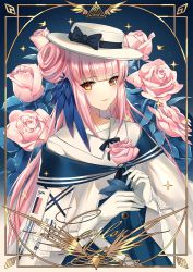 Rule 34 | 1girl, arknights, bad id, bad pixiv id, black bow, blue dress, blue feathers, bow, cape, ceylon (arknights), character name, commentary, dress, feather hair, feathers, flower, hat, hat bow, highres, holding, holding flower, kernel killer, long hair, looking at viewer, pink flower, pink hair, pink rose, rose, smile, solo, upper body, white cape, white hat, yellow eyes