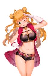Rule 34 | 1girl, absurdres, ahoge, bell, blonde hair, blush, breasts, buckle, choker, collar, contrapposto, cowboy shot, double bun, furyou michi ~gang road~, gloves, green eyes, groin, heart, heart-shaped buckle, heart belt, highres, jairou, large breasts, long hair, looking at viewer, midriff, navel, neck bell, one eye closed, open mouth, salute, simple background, solo, standing, thigh gap, undersized clothes, white background, white gloves