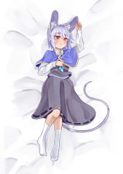 1girl absurdres alternate_hair_color animal_ears blue_capelet blush breasts capelet commentary_request commission crystal dakimakura_(medium) full_body ginger_ale_(syouga_6383) grey_skirt grey_vest highres jewelry layered_clothes long_sleeves looking_at_viewer mouse_ears mouse_girl mouse_tail nazrin open_mouth pendant purple_hair red_eyes shirt short_hair skeb_commission skirt skirt_set small_breasts socks solo tail touhou vest white_capelet white_shirt white_socks