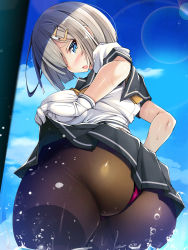 1girl ass black_pantyhose blue_eyes breasts clothes_lift commentary_request gloves hair_ornament hair_over_one_eye hairclip hamakaze_(kancolle) highres kantai_collection large_breasts lifting_own_clothes looking_at_viewer neckerchief panties panties_under_pantyhose pantyhose pantyshot pleated_skirt school_uniform serafuku short_hair short_sleeves skirt skirt_hold skirt_lift solo thighband_pantyhose torisan underwear white_gloves white_hair yellow_neckerchief