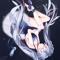 Rule 34 | 1girl, ballerina, blue hair, closed eyes, crossed arms, dress, fetal position, full body, hatsuko, hatsune miku, long hair, plantar flexion, round around (vocaloid), solo, twintails, upside-down, very long hair, vocaloid