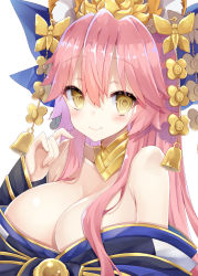 Rule 34 | animal ears, bad id, bad pixiv id, bell, blue ribbon, bow, breasts, cleavage, collarbone, commentary request, fate (series), fox ears, hair bow, hair ribbon, japanese clothes, large breasts, long hair, looking at viewer, off shoulder, official alternate costume, pink hair, ribbon, simple background, tamamo (fate), tamamo no mae (fate/extra), tamamo no mae (third ascension) (fate), very long hair, white background, yellow eyes, yuzu-aki