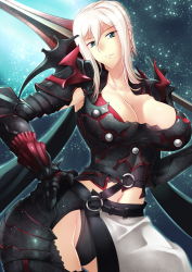Rule 34 | 10s, 1girl, aranea highwind, armor, breasts, cleavage, final fantasy, final fantasy xv, green eyes, haganef, highres, hip focus, lance, large breasts, long hair, looking at viewer, navel, pink hair, polearm, smile, solo, thighs, weapon
