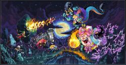 Rule 34 | 1girl, 6+boys, alternate form, arm tattoo, black hair, blonde hair, charlotte linlin, clenched teeth, cloud, club, club (weapon), coat, coat on shoulders, dragon boy, dragon horns, dragon tail, dual wielding, eustass kid, evil smile, fire, floating, floating object, full moon, green hair, grin, hat, height difference, holding, holding sword, holding weapon, horns, japanese clothes, kaidou (one piece), kanabou, killer (one piece), kimono, lightning, lipstick, long hair, makeup, mask, monkey d. luffy, moon, multiple boys, napoleon (one piece), neorice, night, old, old woman, one piece, pants, pink hair, pirate hat, prometheus (one piece), red hair, roronoa zoro, saliva, short hair, shorts, size difference, sky, smile, spikes, spoilers, star (sky), starry sky, sword, tail, tattoo, teeth, tongue, tongue out, trafalgar law, vest, weapon, zeus (one piece)