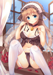 Rule 34 | 1girl, babydoll, bare arms, bare shoulders, blush, bow, bow panties, brown babydoll, brown bow, brown choker, brown panties, choker, closed mouth, collarbone, commentary request, feet out of frame, fingernails, flower, frilled hairband, frills, fujikura ryuune, garter belt, hair between eyes, hairband, hands up, head tilt, indoors, light brown hair, long hair, looking at viewer, night, night sky, original, panties, petals, red flower, red rose, rose, rose petals, sitting, sky, smile, solo, star (sky), starry sky, thighhighs, underwear, very long hair, white hairband, white thighhighs
