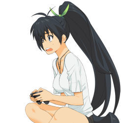 Rule 34 | 1girl, a1 (initial-g), black hair, blue eyes, breasts, controller, female focus, game controller, gamepad, ganaha hibiki, idolmaster, idolmaster (classic), indian style, jewelry, long hair, necklace, open mouth, ponytail, simple background, sitting, solo, sweatdrop, very long hair, white background