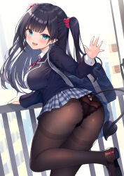 Rule 34 | 1girl, absurdres, ass, ass cutout, bag, black hair, black panties, black pantyhose, blazer, blue eyes, blue skirt, blush, breasts, butt crack, clothes lift, clothing cutout, commentary request, demon tail, hair ornament, highres, holding, jacket, large breasts, long hair, long sleeves, looking at viewer, looking back, ochinsama, open mouth, original, panties, pantyhose, pleated skirt, school bag, school uniform, shirt, skirt, skirt lift, smile, solo, tail, twintails, underwear, white shirt