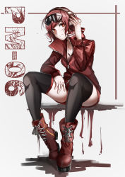 Rule 34 | 1girl, absurdres, black thighhighs, boots, character name, closed mouth, eyewear on head, girls&#039; frontline, hand on headphones, hand on own thigh, headphones, highres, jacket, jewelry, looking at viewer, lubikaya, medium hair, necklace, pm-06 (girls&#039; frontline), red eyes, red footwear, red hair, red jacket, simple background, sitting, smile, solo, thighhighs, thighs
