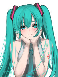 Rule 34 | 1girl, aqua hair, aqua necktie, arm tattoo, bare shoulders, blue eyes, blush, breasts, closed mouth, collared shirt, facial mark, grey shirt, hair ornament, hair over shoulder, hands on own cheeks, hands on own face, hatsune miku, head rest, heart, long hair, looking at viewer, necktie, nishikino kee, shirt, simple background, sleeveless, sleeveless shirt, smile, solo, tattoo, twintails, upper body, vocaloid, white background