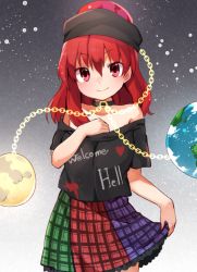Rule 34 | 1girl, akagashi hagane, bare shoulders, chain, clothes lift, clothes writing, collar, earth (ornament), gradient background, hat, hecatia lapislazuli, looking at viewer, miniskirt, moon (ornament), multicolored clothes, multicolored skirt, off-shoulder shirt, off shoulder, plaid, plaid skirt, red eyes, red hair, shirt, short hair, short sleeves, skirt, skirt hold, skirt lift, smile, solo, t-shirt, touhou