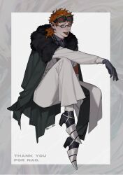 Rule 34 | 1boy, absurdres, armband, armored boots, artist name, black-framed eyewear, boots, cape, coat, collared shirt, commission, commissioner name, dress shoes, earrings, elbow on knee, english text, eyebrow cut, forked tongue, from side, fur collar, gas mask, gloves, go e 0000, goggles, goggles on head, green pants, grey cape, grey eyes, grey gloves, grey shirt, heterochromia, highres, inset border, jewelry, knee up, long sleeves, looking at viewer, male focus, mask, medium hair, messy, mullet, nose, open mouth, orange hair, original, pants, piercing, rectangular eyewear, red armband, red eyes, sharp teeth, shirt, skeb commission, sleeve cuffs, solo, teeth, thank you, tongue, tongue out, tongue piercing, unworn mask, upper teeth only, white background, white coat