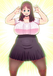 Rule 34 | 1girl, arms up, black hair, black skirt, blush, breasts, cleavage, covered navel, cowboy shot, glowing, green eyes, highres, huge breasts, legs, long hair, looking at viewer, navel, open mouth, original, outstretched arms, pantyhose, plump, short sleeves, simple background, skirt, smile, solo, standing, tetrodotoxin, thick thighs