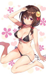 Rule 34 | 1girl, absurdres, arm support, arm up, bare arms, barefoot, bikini, black bikini, bow, braid, breasts, brown eyes, brown hair, cleavage, collarbone, crown braid, fingernails, front-tie bikini top, front-tie top, full body, hair bow, hair ornament, highres, kono subarashii sekai ni shukufuku wo!, large breasts, looking at viewer, low twintails, navel, open mouth, panties, red bow, shiny clothes, shiny skin, side-tie bikini bottom, sitting, solo, stomach, swimsuit, thighs, third-party source, toes, twintails, underwear, untied bikini, wariza, yunyun (konosuba), yuuki hagure