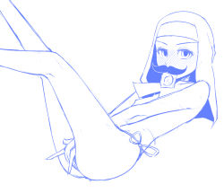 Rule 34 | 1girl, between legs, blue theme, blush, condom, condom in mouth, drawfag, facial hair, full-face blush, habit, hand between legs, looking at viewer, maydrawfag, monochrome, mouth hold, mustache, nun, original, panties, side-tie panties, solo, topless, underwear