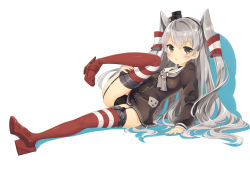 Rule 34 | 10s, 1girl, amatsukaze (kancolle), arm support, black panties, blush, brown eyes, choker, dress, hair tubes, headgear, kantai collection, kuritomo, leg up, long hair, long sleeves, looking at viewer, panties, red thighhighs, sailor collar, sailor dress, silver hair, sitting, solo, striped clothes, striped thighhighs, thighhighs, two side up, underwear