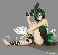 Rule 34 | 1girl, barefoot, black hair, bow, destiny (game), e draw paint, fang, feet, green eyes, grey background, gun, hair bow, highres, looking at viewer, nail polish, personification, short hair, sitting, smile, solo, thorn (destiny), toenail polish, toenails, twitter username, weapon