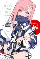 Rule 34 | 1girl, 2020, animal, bandaid, covered mouth, happy new year, highres, japanese flag, long hair, looking at viewer, mouse (animal), new year, original, pink hair, side ponytail, simple background, solo, star (symbol), star in eye, symbol in eye, tsucaco, white background