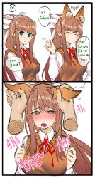 Rule 34 | 1girl, ^ ^, absurdres, animal ear fluff, animal ears, blush, breasts, brown hair, closed eyes, commentary, disembodied hand, doki doki literature club, ear fondling, eargasm, english commentary, english text, extra ears, facing viewer, fox ears, green eyes, hair ribbon, heart, heart-shaped pupils, highres, index finger raised, kemonomimi mode, large breasts, long hair, long sleeves, looking at viewer, monika (doki doki literature club), neck ribbon, open mouth, orange vest, otxoa60, ponytail, red ribbon, ribbon, shirt, sidelocks, simple background, smile, speech bubble, symbol-shaped pupils, tearing up, torogao, uncommon stimulation, vest, white background, white ribbon, white shirt, wing collar