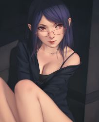 Rule 34 | 1girl, black shirt, blouse, breasts, camisole, cleavage, glasses, highres, jewelry, kamishiro rize, lips, long hair, medium breasts, miura-n315, necklace, parted bangs, purple hair, realistic, red-framed eyewear, red eyes, shirt, sitting, solo, tokyo ghoul