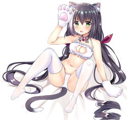 Rule 34 | 1girl, absurdres, animal ear fluff, animal ears, animal hands, arm up, bare shoulders, black hair, blush, bra, breasts, cat cutout, cat ear panties, cat ears, cat girl, cat lingerie, cat tail, cleavage, cleavage cutout, clothing cutout, collarbone, commentary request, fang, full body, gloves, green eyes, hair between eyes, hair ribbon, highres, karyl (princess connect!), knees up, long hair, low twintails, medium breasts, meme attire, multicolored hair, navel, no shoes, open mouth, panties, paw gloves, princess connect!, red ribbon, ribbon, rinringyo, shadow, sitting, solo, streaked hair, tail, thighhighs, twintails, underwear, very long hair, white background, white bra, white gloves, white hair, white panties, white thighhighs