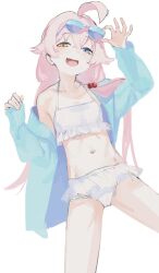 Rule 34 | 1girl, ahoge, blue archive, blue eyes, eyewear on head, heterochromia, highres, hoshino (blue archive), hoshino (swimsuit) (blue archive), jacket, kawatiw, long hair, long sleeves, navel, open clothes, open jacket, open mouth, pink hair, simple background, smile, solo, sunglasses, swimsuit, wet, white background, yellow eyes