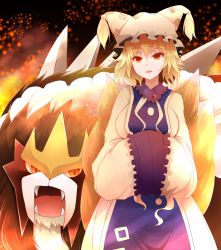 Rule 34 | 1girl, :o, animal hat, arano oki, blonde hair, brooch, cowboy shot, creature, creatures (company), crossover, dress, embers, entei, expressionless, eyebrows, fangs, fire, fire, fox tail, frills, fur, game freak, gem, gen 2 pokemon, hands in opposite sleeves, hat, head tilt, jewelry, legendary pokemon, long sleeves, looking at viewer, mob cap, multiple tails, nintendo, ofuda, open mouth, own hands together, parted lips, pokemon, pokemon (creature), red eyes, red gemstone, short hair, standing, tabard, tail, tassel, teeth, touhou, tsurime, white dress, wide sleeves, yakumo ran