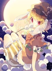Rule 34 | 1girl, :t, animal ears, blonde hair, blouse, brown hat, cabbie hat, commentary, dango, eating, food, full moon, hat, highres, looking at viewer, looking back, midriff peek, moon, multicolored clothes, multicolored shorts, nikorashi-ka, orange shirt, rabbit ears, rabbit girl, rabbit tail, red eyes, ringo (touhou), shirt, short hair, shorts, sky, solo, star (sky), starry sky, striped clothes, striped shorts, t-shirt, tail, touhou, wagashi, white shorts, wide sleeves, yellow shorts