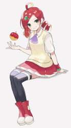 Rule 34 | 1girl, ahoge, andou ringo, apple, ascot, black thighhighs, blush stickers, brown sweater vest, drill hair, food, fruit, grey background, grin, hair ornament, hairclip, highres, invisible chair, kashima miyako, name connection, object namesake, pleated skirt, purple ascot, puyo (puyopuyo), puyopuyo, puyopuyo 7, red apple, red footwear, red hair, red skirt, red wristband, school uniform, shirt, short sleeves, simple background, sitting, skirt, smile, solo, sweater vest, thighhighs, tossing, twin drills, white shirt