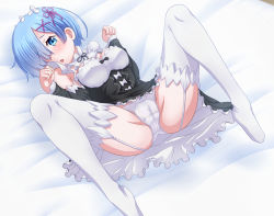 Rule 34 | 10s, 1girl, bed sheet, blue eyes, blue hair, blush, bow, bow panties, breasts, cameltoe, cleavage, detached collar, detached sleeves, dress, garter straps, hair ornament, hair over one eye, highres, looking at viewer, lying, maid, maid headdress, matching hair/eyes, medium breasts, on back, on bed, open mouth, ossannoa, panties, paw pose, re:zero kara hajimeru isekai seikatsu, rem (re:zero), roswaal mansion maid uniform, short hair, solo, spread legs, thighhighs, underbust, underwear, white panties, white thighhighs, x hair ornament