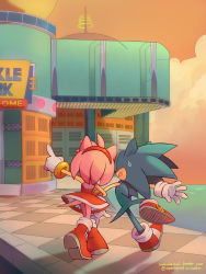 Rule 34 | 1boy, 1girl, amy rose, bracelet, dress, from behind, full body, gloves, hairband, high heels, highres, jewelry, ocean, orphisterical, outdoors, pointing, red dress, red hairband, sky, sonic (series), sonic adventure, sonic the hedgehog, sunset, sweatdrop, tail, twitter username, urban, walking, white gloves