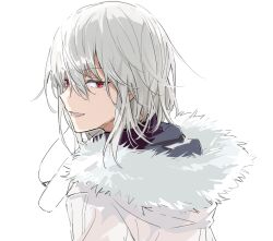 Rule 34 | 1boy, accelerator (toaru majutsu no index), albino, anninn do fu, commentary request, electrodes, fur-trimmed hood, fur trim, hood, hood down, looking at viewer, male focus, medium hair, open mouth, partial commentary, red eyes, sideways glance, solo, teeth, toaru majutsu no index, upper body, upper teeth only, white background, white hair