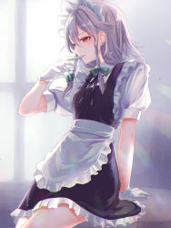 Rule 34 | 1girl, apron, arm support, black dress, black ribbon, bow, commentary request, cowboy shot, dress, gloves, green bow, hair between eyes, hair bow, hand up, highres, indoors, izayoi sakuya, maid, maid apron, maid headdress, mouth hold, neck ribbon, oborofu, petticoat, puffy short sleeves, puffy sleeves, red eyes, ribbon, shirt, short dress, short hair, short sleeves, silver hair, solo, touhou, waist apron, white apron, white gloves, white shirt