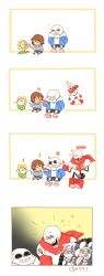 Rule 34 | !, !!, 2boys, 3d glasses, 4koma, ^^^, androgynous, bad food, blush, brown hair, closed eyes, comic, commentary request, eating, feeding, flowey (undertale), food, fork, frisk (undertale), grin, heart, highres, hood, hoodie, hot dog, korean text, multiple boys, open mouth, papyrus (undertale), pasta, pie, plate, popcorn, pout, sans (undertale), sharo0v0, sitting, skeleton, smile, spaghetti, sparkle, sweat, translation request, undertale