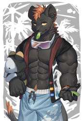 Rule 34 | 1boy, abs, absurdres, bara, black jacket, blue shorts, chinese commentary, claws, ear piercing, furry, furry male, goggles, goggles around neck, highres, holding, holding stuffed toy, hyena boy, hyena ears, indie virtual youtuber, jacket, looking at viewer, male focus, pawpads, pectorals, piercing, see-through, see-through jacket, shorts, sleeveless, sleeveless jacket, stuffed toy, tail, ty arashi, watagumo, yellow eyes