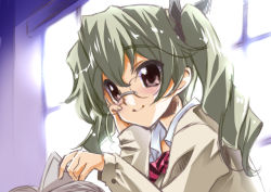 Rule 34 | 10s, 1girl, alternate costume, anchovy (girls und panzer), bespectacled, blush, book, brown eyes, drill hair, girls und panzer, glasses, green hair, hair ribbon, hand on own face, head rest, holding, holding paper, long hair, long sleeves, looking at viewer, open book, paper, ribbon, rimless eyewear, senomoto hisashi, smile, solo, twin drills, twintails, window