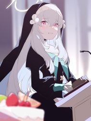 Rule 34 | 1girl, ba fed kitaku, blue archive, breasts, cake, cherry, church interior, crying, crying with eyes open, flat chest, food, fruit, hair between eyes, halo, long hair, nun, red eyes, sakurako (blue archive), silver hair, standing, strawberry, tears, veil