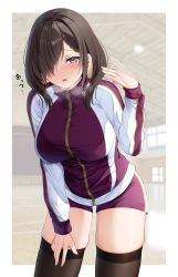 Rule 34 | 1girl, absurdres, black thighhighs, blurry, blurry background, blush, braid, breasts, brown eyes, brown hair, hair over one eye, highres, indoors, jacket, large breasts, long sleeves, looking at viewer, motion blur, motion lines, multicolored clothes, multicolored jacket, nagi aoi, open mouth, original, purple jacket, short hair, standing, steaming body, sweat, thighhighs, thighs, track jacket, two-tone jacket, white jacket, zipper