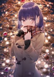 Rule 34 | 1girl, black shirt, black sweater, blurry, blurry background, blush, breasts, breath, brown coat, brown eyes, brown scarf, christmas, christmas ornaments, christmas tree, coat, commentary request, covered mouth, depth of field, duffel coat, hakuishi aoi, hands up, highres, long hair, long sleeves, looking at viewer, medium breasts, original, plaid, plaid scarf, purple hair, scarf, shirt, sleeves past wrists, solo, sweater, upper body