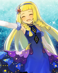 Rule 34 | 1girl, absurdres, bare shoulders, blonde hair, blue dress, blue headband, blush, braid, breasts, closed eyes, commentary request, creatures (company), dress, elbow gloves, flower, frilled skirt, frills, game freak, gloves, hair flower, hair ornament, headband, highres, lillie (anniversary 2021) (pokemon), lillie (pokemon), long hair, nintendo, official alternate costume, open mouth, peppedayo ne, pokemon, pokemon masters ex, red flower, skirt, sleeveless, sleeveless dress, small breasts, smile, solo, straight hair, twin braids, white gloves