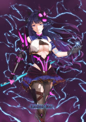 Rule 34 | 1girl, absurdres, arm guards, armband, armor, black gloves, blue hair, blunt bangs, boots, breasts, burnt clothes, character name, chinese text, cleavage, commentary request, covered erect nipples, elbow gloves, electricity, gloves, gradient hair, highres, honkai (series), honkai impact 3rd, lightning bolt symbol, long hair, looking at viewer, mask, mask on head, mechanical arms, multicolored hair, neps-l, open mouth, pantyhose, ponytail, power armor, power sword, purple eyes, purple hair, raiden mei, raiden mei (lightning empress), ribbon, serious, single elbow glove, single mechanical arm, skirt, solo, sword, thigh strap, torn clothes, torn pantyhose, weapon