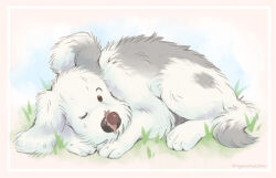 Rule 34 | 2others, animal focus, brown eyes, dog, grass, highres, king (mother 2), lying, mother (game), mother 2, multiple others, nintendo, no humans, nyaasu nekoban, one eye closed, signature, size difference, snail, twitter username, white fur