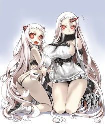 Rule 34 | 10s, 2girls, abyssal ship, airfield princess, ankle boots, asanagi, ass, bare shoulders, blush, boots, breasts, claws, colored eyelashes, covered erect nipples, curvy, detached sleeves, dress, fang, flat ass, horns, kantai collection, knee boots, kneeling, large breasts, legs, long hair, looking at viewer, multiple girls, open mouth, pale skin, personification, red eyes, ribbed dress, seaport princess, short dress, sideboob, simple background, single horn, smile, thighs, very long hair, white footwear, white hair, wide hips, wrist cuffs