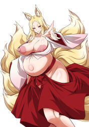 Rule 34 | 1girl, absurdres, animal ear fluff, animal ears, big belly, blonde hair, blush, breasts, breasts out, closed mouth, curvy, feet out of frame, female focus, fox ears, fox girl, fox tail, high school dxd, highres, hikimayu, hip vent, huge breasts, huge nipples, japanese clothes, kitsune, kobayashi tetsuya, kyuubi, large areolae, large nipples, large tail, long hair, mature female, miko, multiple tails, navel, nipple slip, nipples, no bra, no panties, outie navel, outstretched hand, plump, pregnant, puffy areolae, puffy nipples, shiny skin, sidelocks, smile, solo, tail, thick eyebrows, thick thighs, thighs, white background, wide hips, yasaka (high school dxd), yellow eyes
